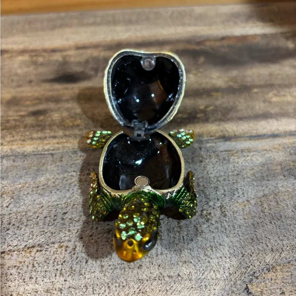 Green and Gold Rhinestone Turtle Jewelry Keeper